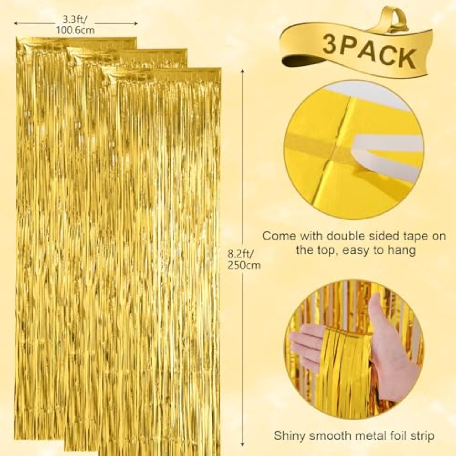 3-Pack Gold Foil Fringe Backdrop Curtains 3.3x8.2 ft for Party Decorations