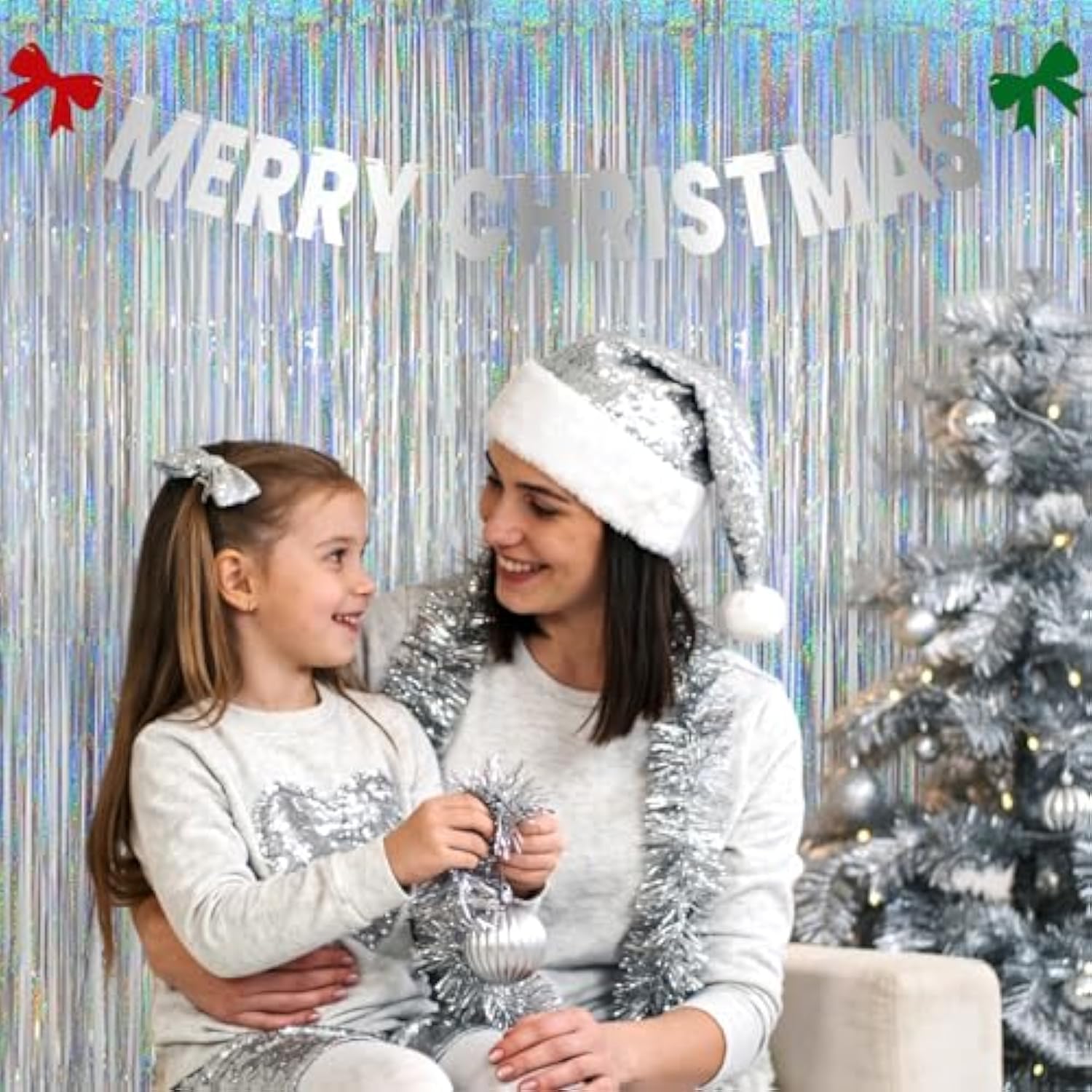 Christmas Party Foil Curtain 2 Pack 3.2x8ft Silver Tinsel Backdrop