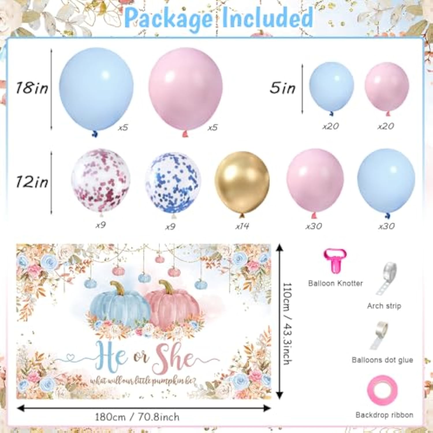 135PCS Fall Gender Reveal Balloon Arch Kit Blue Pink Pumpkin Decorations for Baby Shower