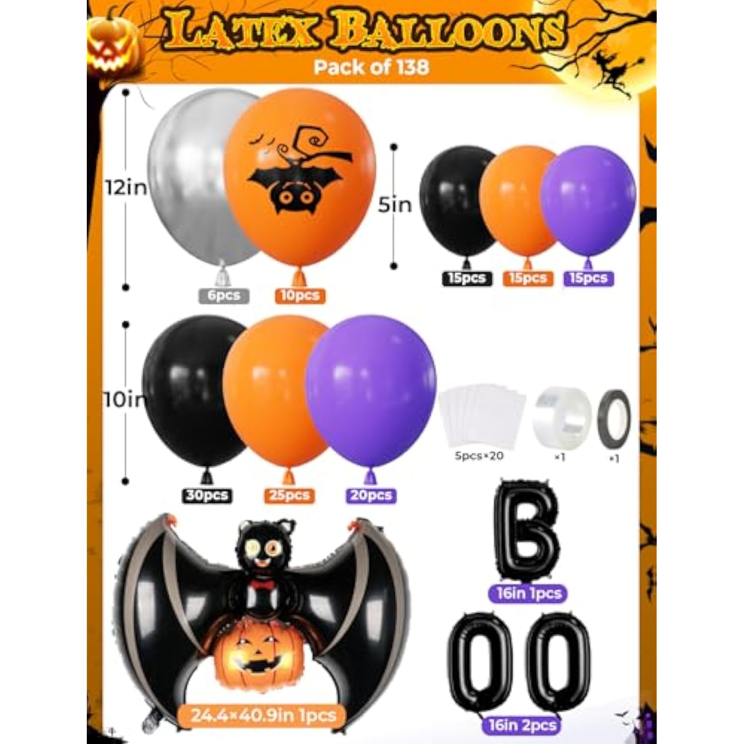138Pcs Halloween Balloon Garland Arch Kit Black Orange Purple Pumpkin Bat Metallic Balloons