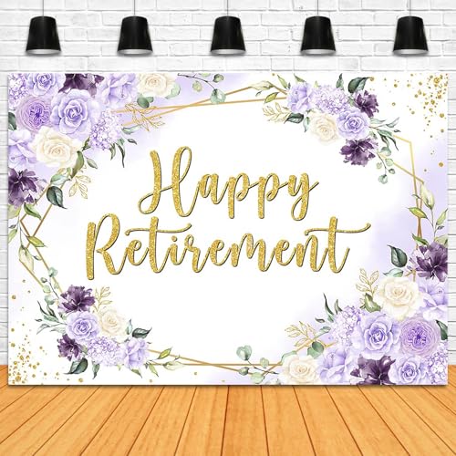 Happy Retirement Backdrop 7x5ft Purple and White Flowers Retirement Party Decorations Background Congrats Retired Banner Photo Booth Props