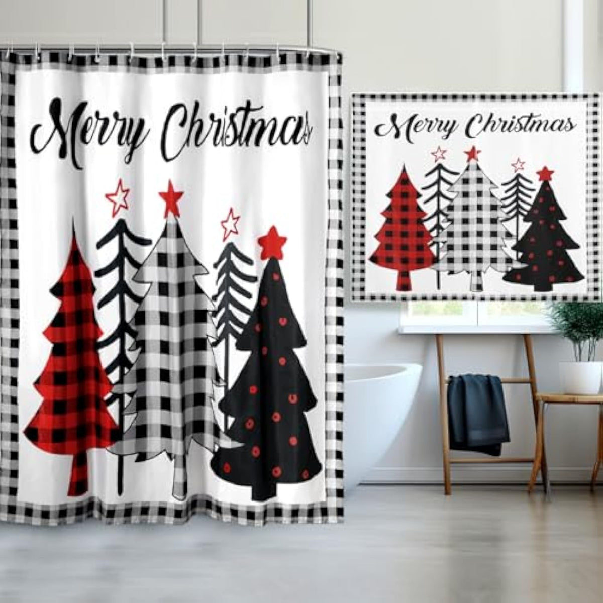 2 Pcs Christmas Shower Curtain Set 72 X 72 Inch Buffalo Plaid Xmas Tree Winter Snowflake Merry Christmas Decorative Christmas Tree Shower Curtain With Window Curtain With 12 Hooks