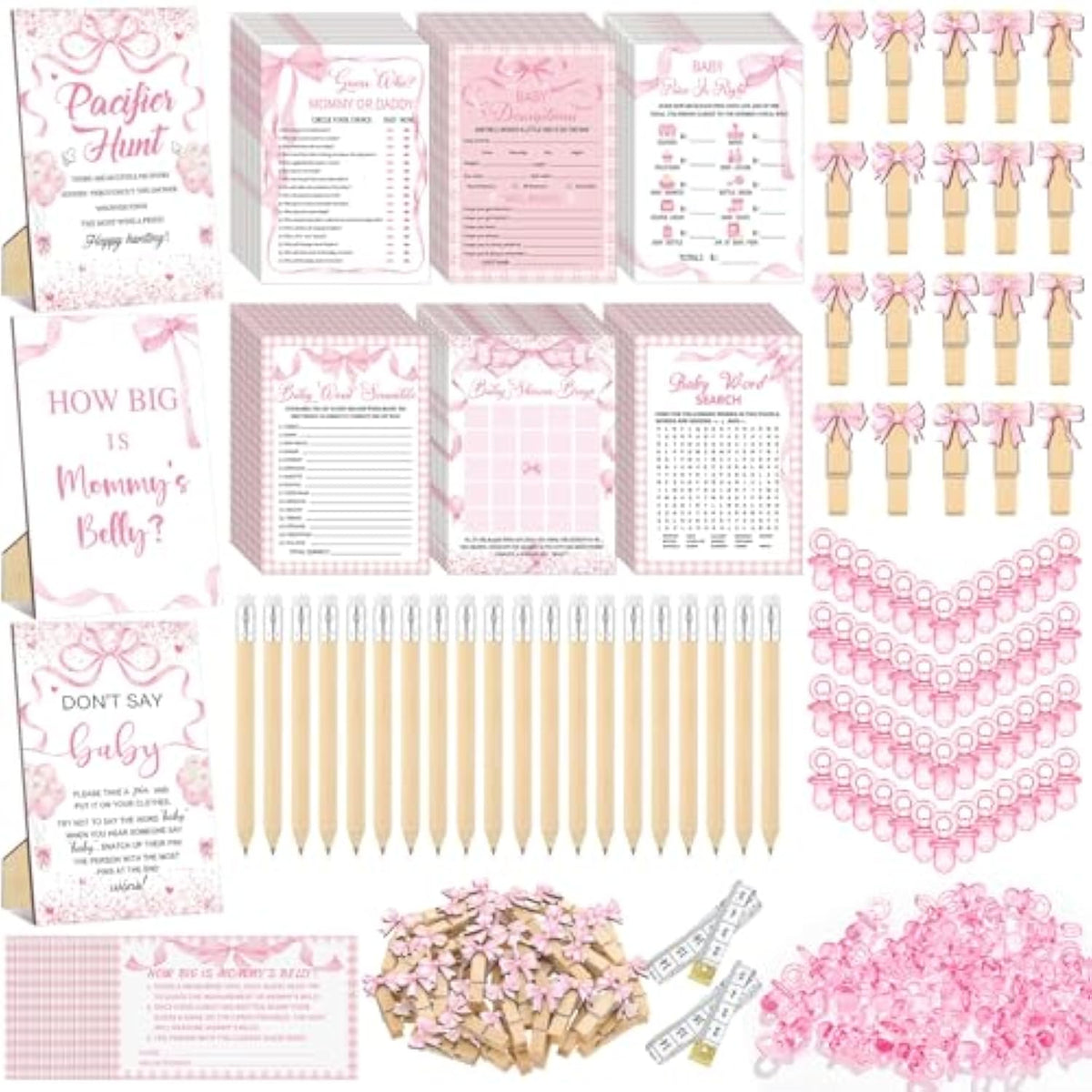 476 Pink Bow Coquette Baby Shower Games 6 Sets Activities Card Pacifier Hunt Game 50 Pacifier How Big Is Mommy'S Belly Sign 50 Guessing Card 2 Measuring Tape Don'T Say Baby Sign 50 Clothespin