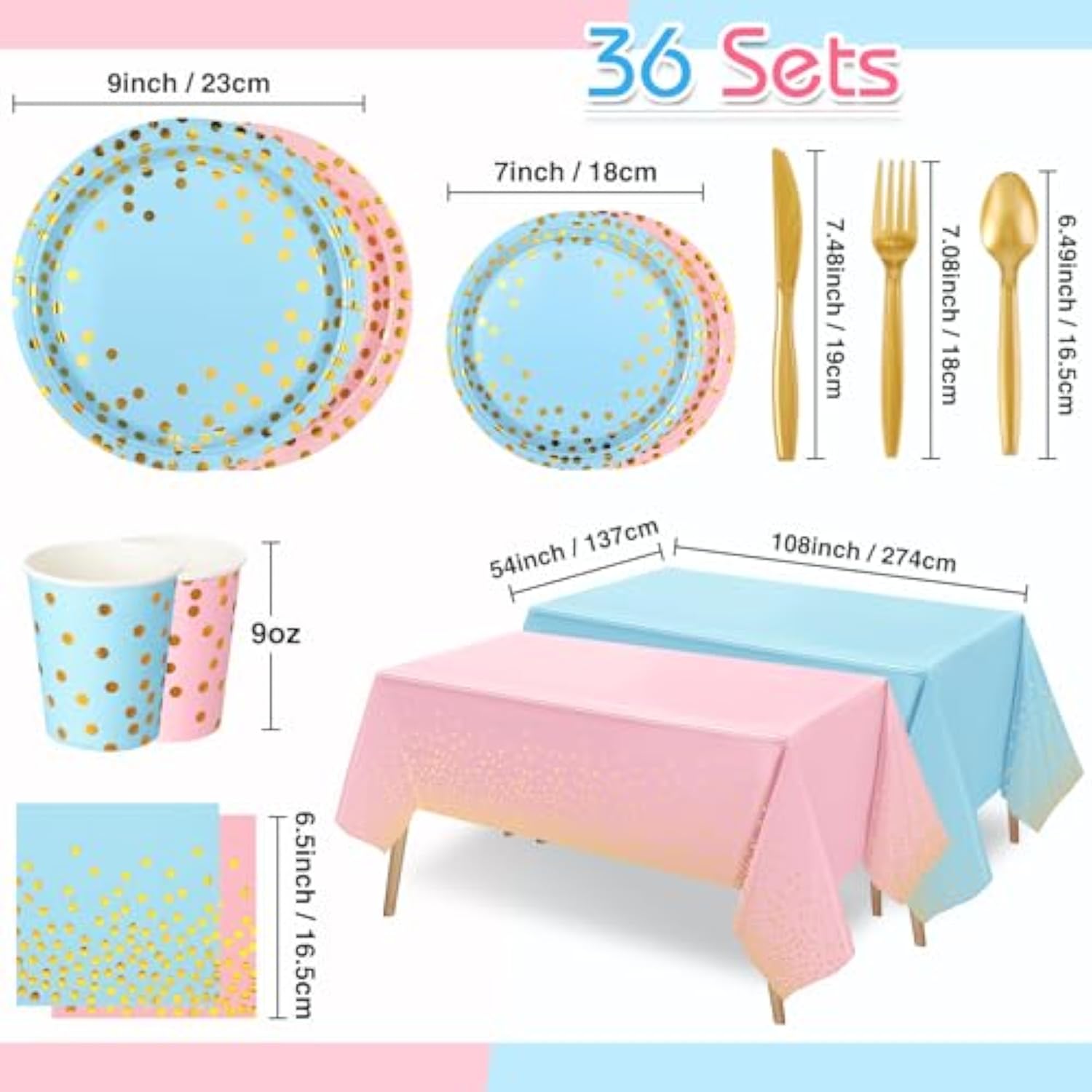 256 Pcs Pink And Blue Gender Reveal Party Supplies Disposable Paper Plate Napkin Cup Gold Dot Plastic Tablecloth Fork Knives Spoon Serve 36 Guest For Easter Baby Shower Birthday Decoration