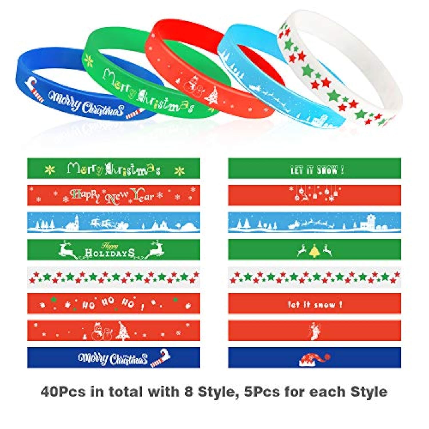 40-Pack Christmas Silicone Bracelets for Kids and Adults Party Favors
