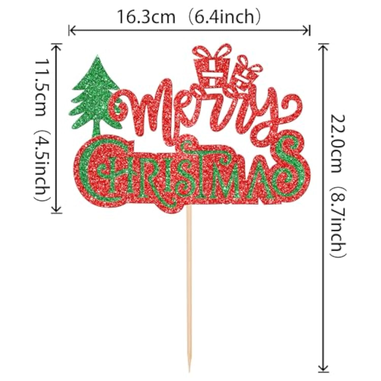 Merry Christmas Cake Topper Green & Red Glitter Tree Pick