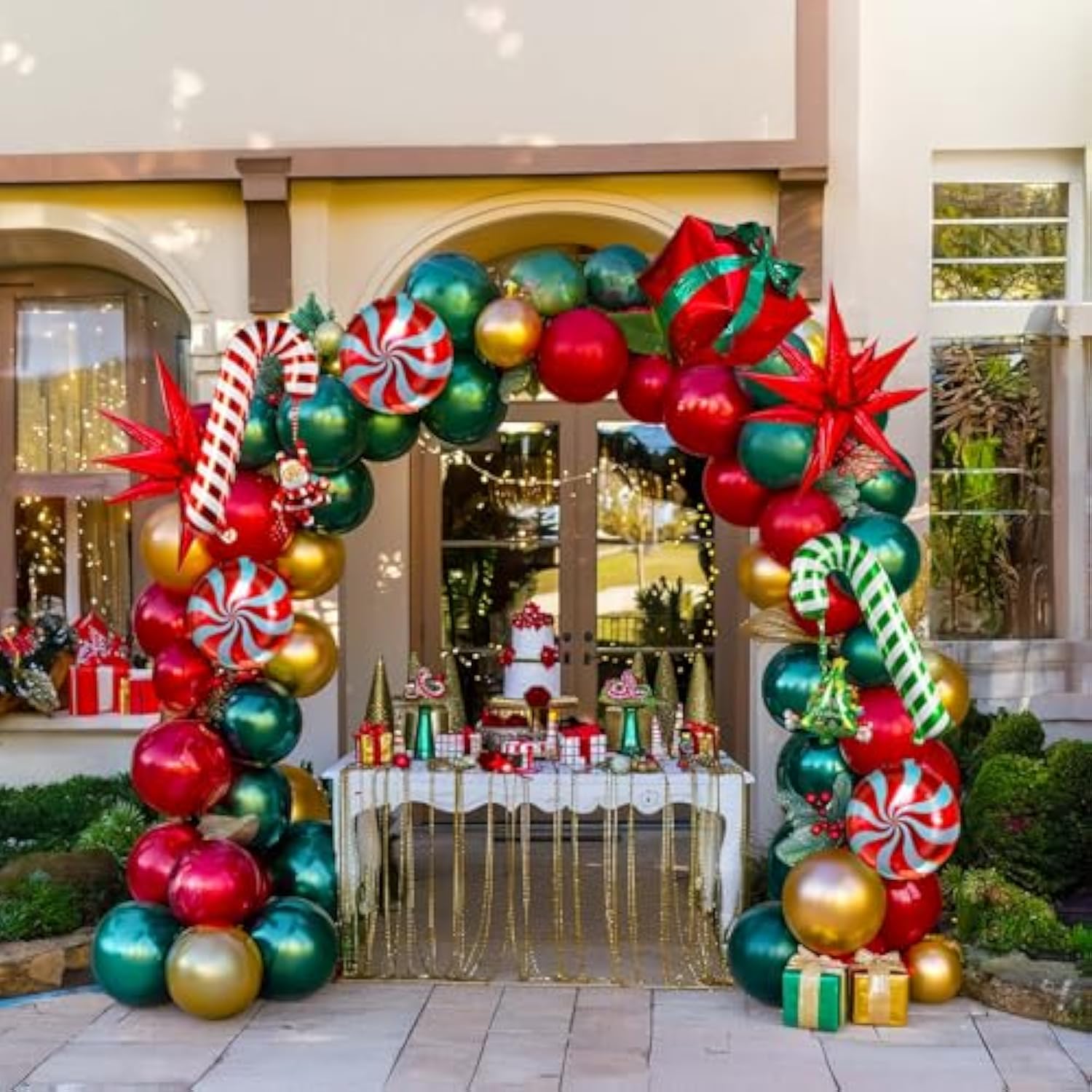 Merry Christmas Red Green Gold Balloon Garland Arch Set 100Pcs With Christmas Tree Santa Candy Cane Star Cookie Mylar Balloons For Winter Xmas New Year'S Eve Decoration