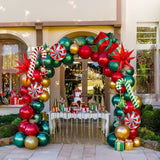 Merry Christmas Red Green Gold Balloon Garland Arch Set 100Pcs With Christmas Tree Santa Candy Cane Star Cookie Mylar Balloons For Winter Xmas New Year'S Eve Decoration