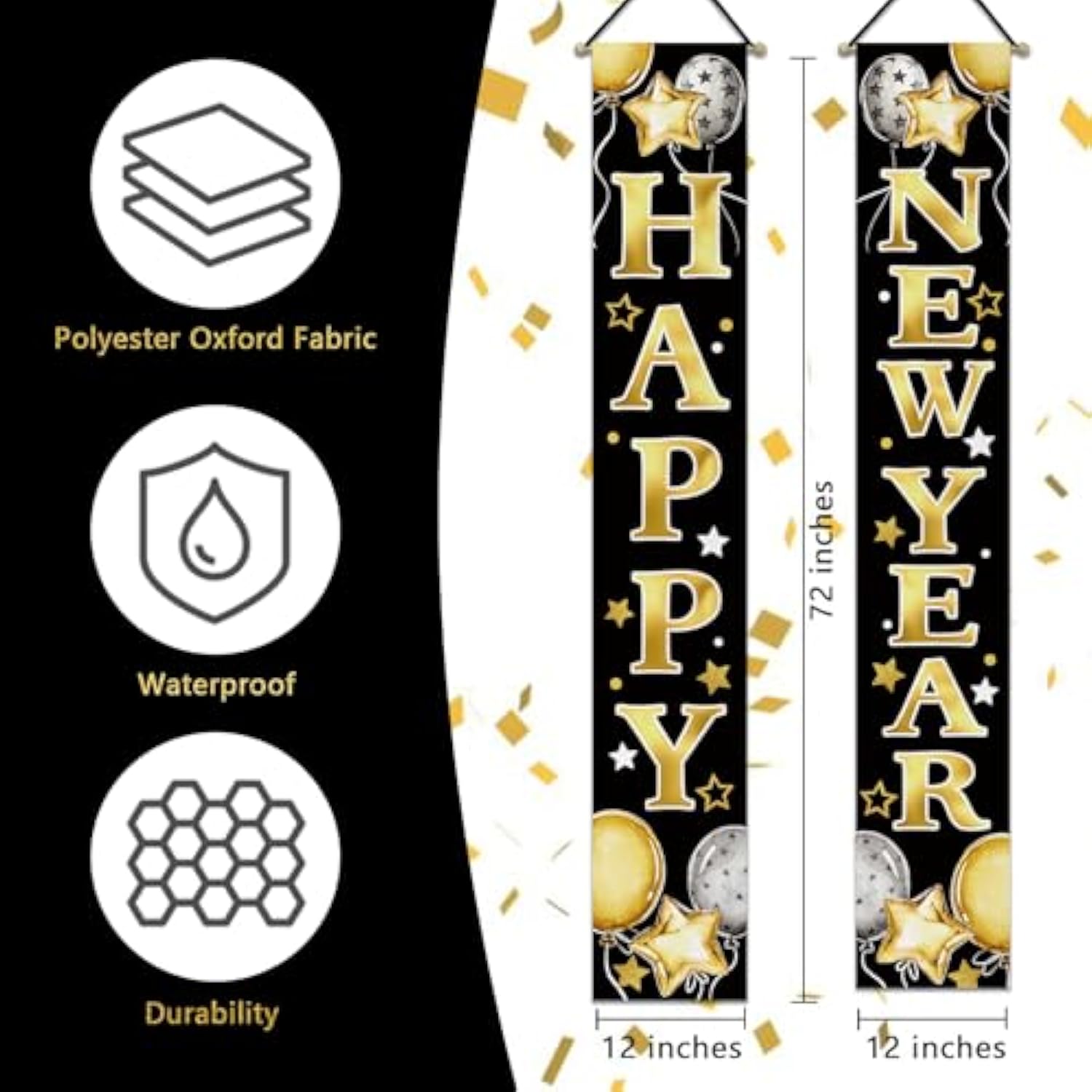 Happy New Year 2026 Porch Banner Black Gold Balloon Stars Front Door Decor