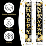 Happy New Year 2026 Porch Banner Black Gold Balloon Stars Front Door Decor
