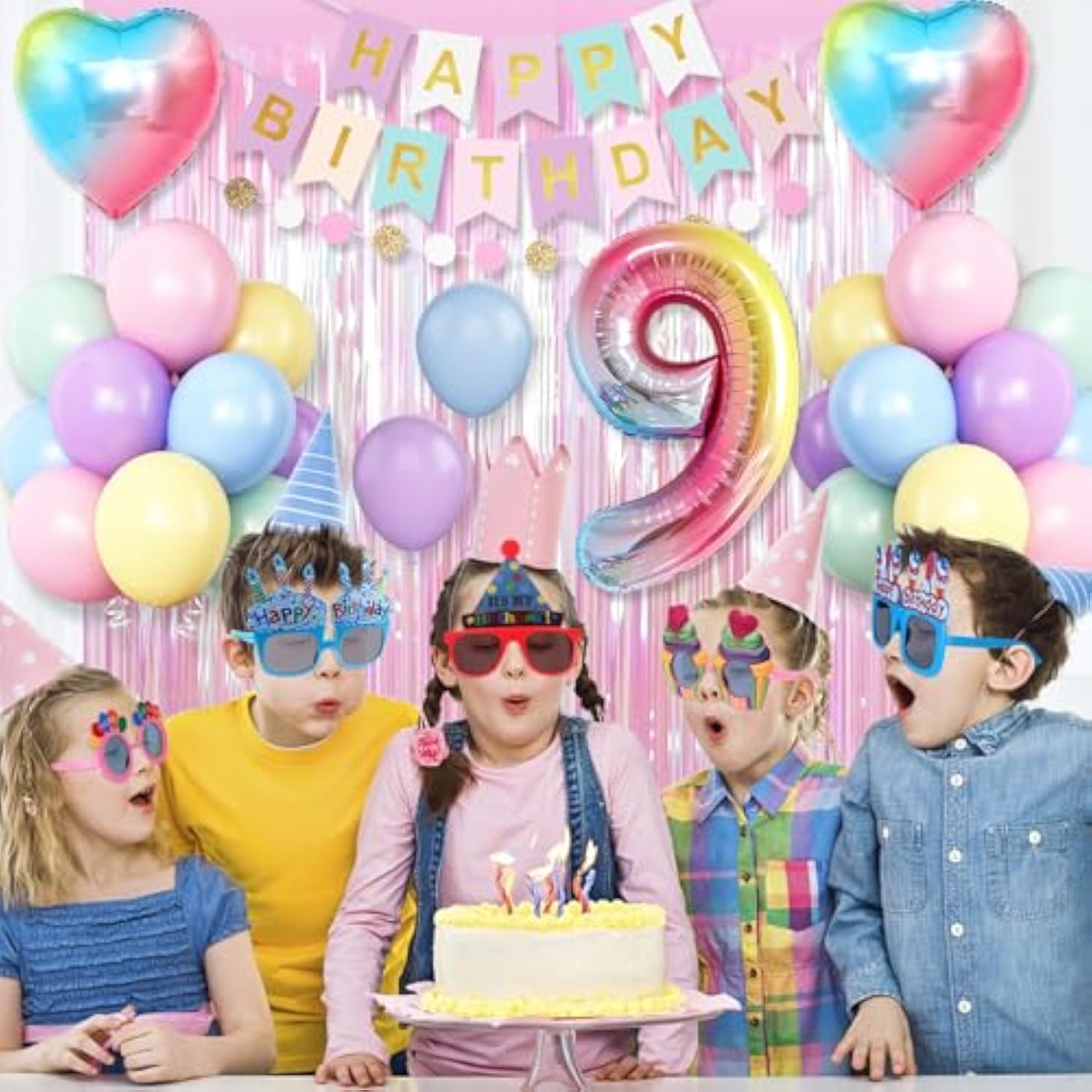 Pastel Rainbow 9th Birthday Décor Set with Number Balloon & Banner