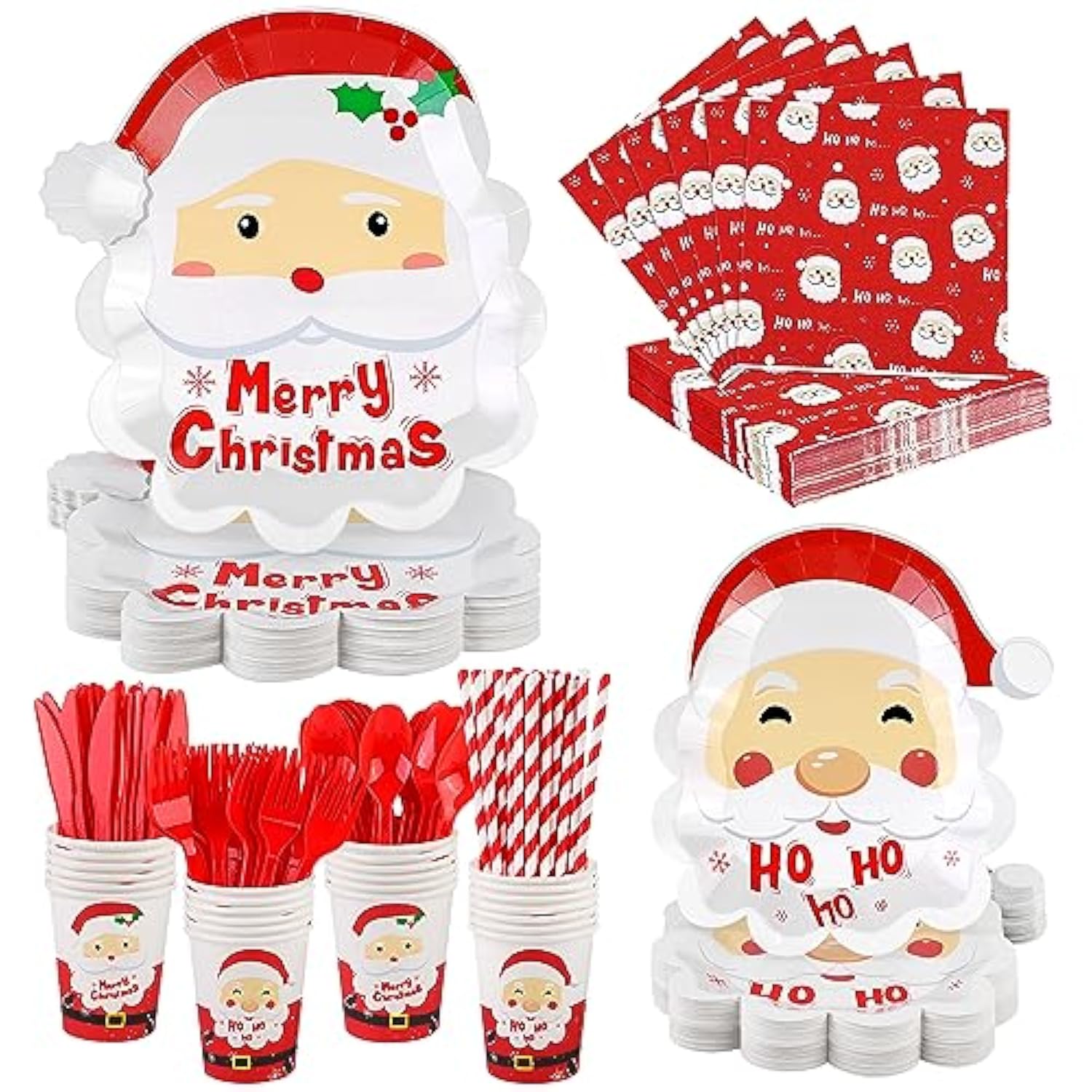 200 Pieces Christmas Santa Party Supplies Tableware Set Include Disposable Paper Plates Cups Napkins Cutlery Straws With Merry Christmas Ho Ho Ho Santa For 25 Guests Dinnerware Holiday