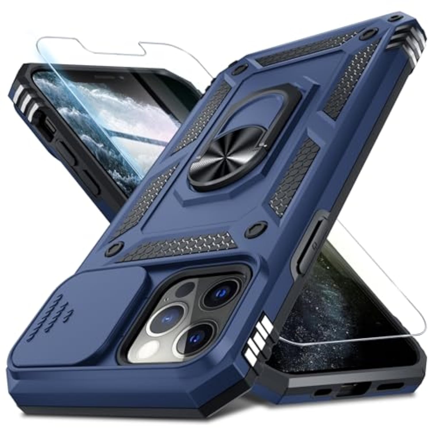 Case For Iphone 14 Pro Max Phone Cover Built In Slide Camera Lens Cover+Screen Protector,Heavy Duty Shockproof Full Body Phonecase With Finger Ring Holder Kickstand,Blue