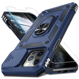 Case For Iphone 14 Pro Max Phone Cover Built In Slide Camera Lens Cover+Screen Protector,Heavy Duty Shockproof Full Body Phonecase With Finger Ring Holder Kickstand,Blue
