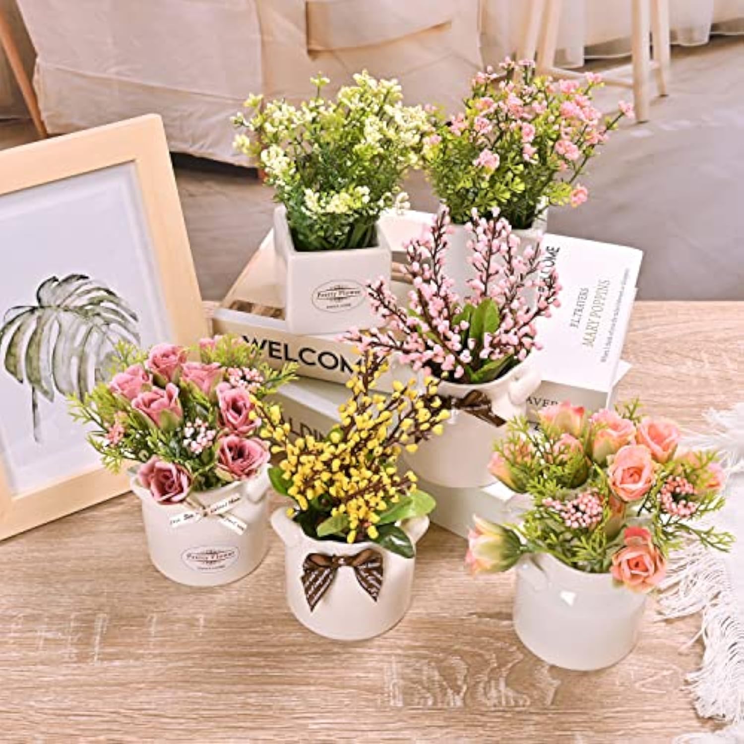 6Pcs Artificial Flowers With Ceramic Pot Fake Flower Arrangements Small Faux Spring Flowers In Vase Home Spring Decor, Centerpiece Table Decorations For Farmhouse Office Shelf Dining Table