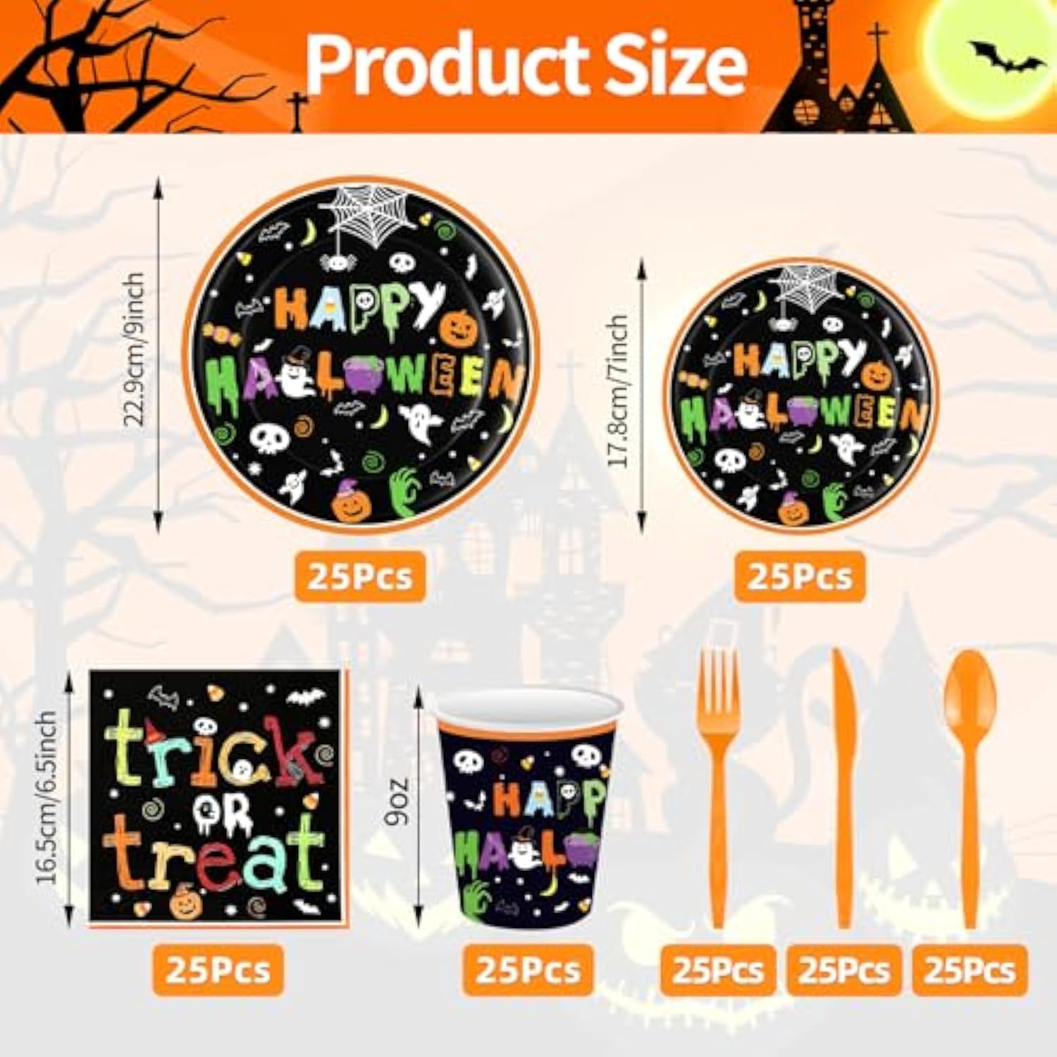 175pcs Halloween Tableware Party Supplies Set Plates Cups Napkins Cutlery Serves 25