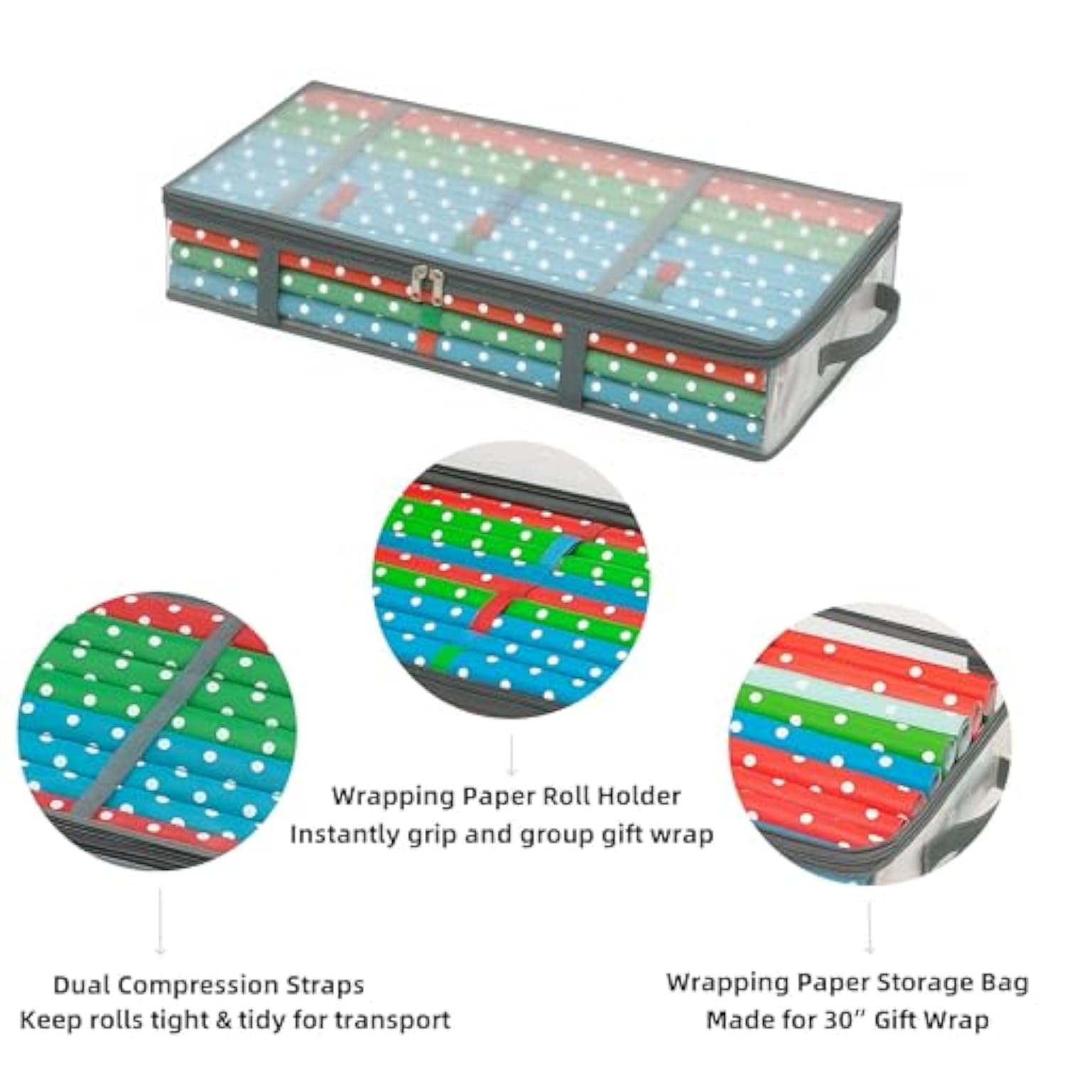 Christmas Wrapping Paper Storage Bag – Clear 31.5×17.3×5.5 In Organizer Fits 30? Rolls, Includes 30 Color Wrapping Paper Roll Holder + 2 Compression Straps, Under Bed Poster Holder