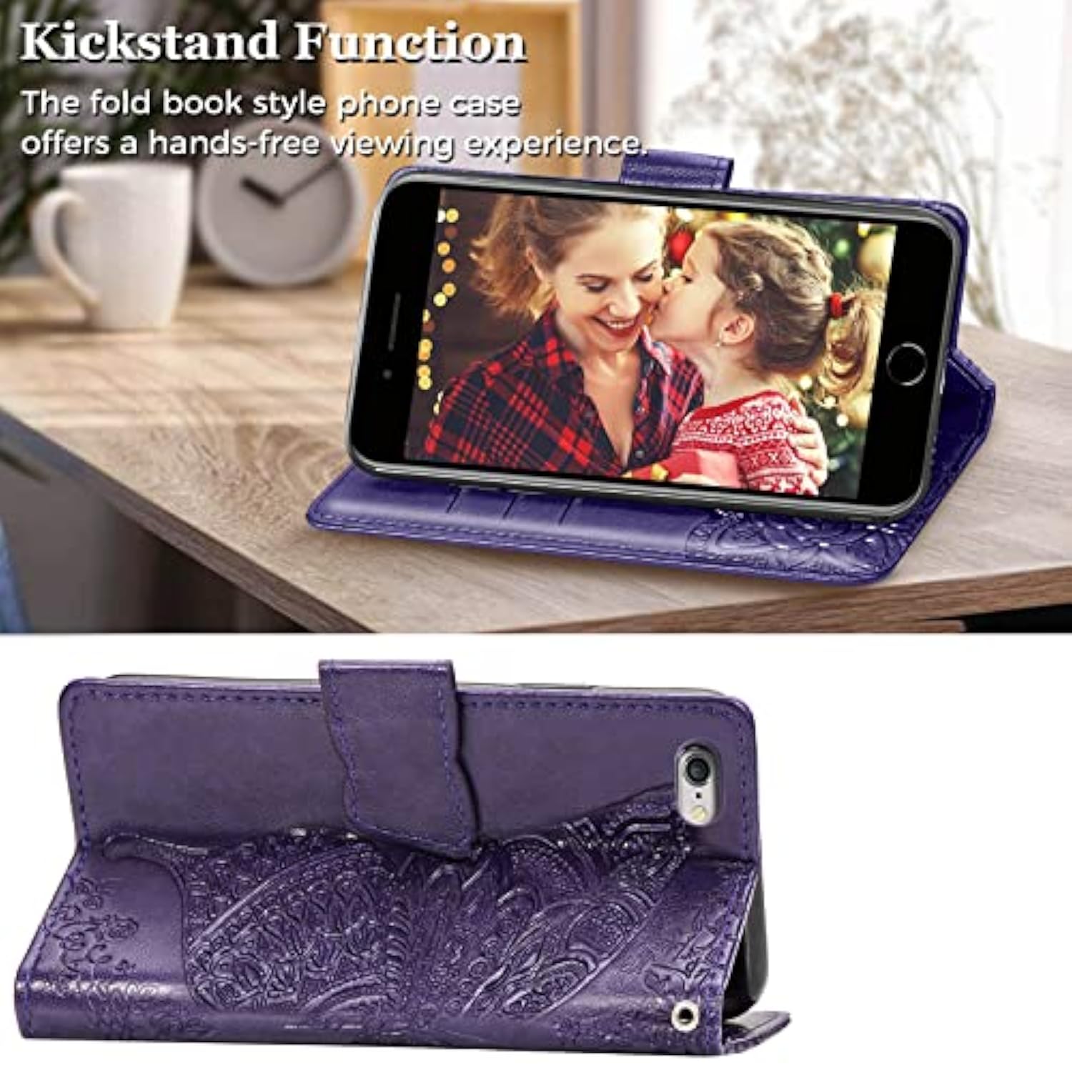 Wallet Case For Iphone Se 2020/Se 2022/Iphone 8/Iphone 7,Women Butterfly Embossed Pu Leather Stand Card Slots Wrist Strap Flip Folio Cover For Iphone 6/6S/7/8/Se 2Nd/Se 3Rd Gen (Purple)