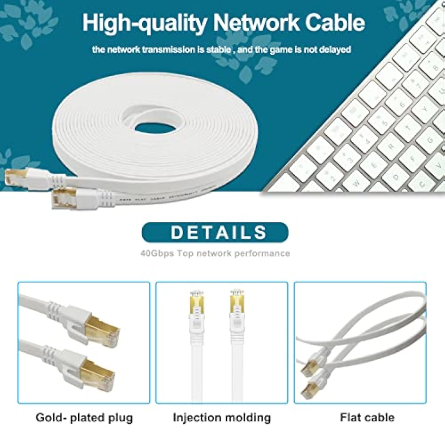 Cat8 Ethernet Cable 50Ft, High Speed Flat Internet Core, Internet Network Long