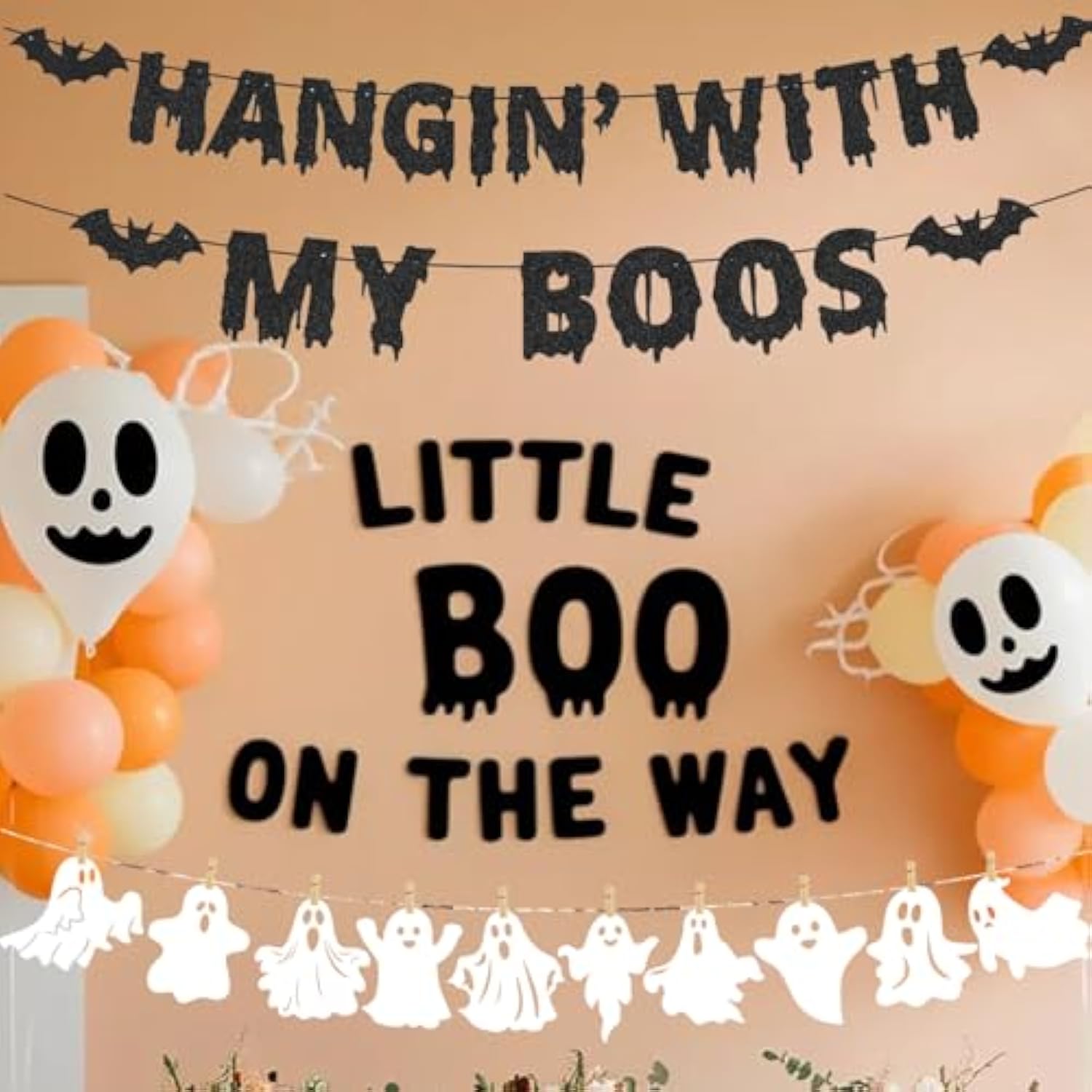 Black Glitter Hanging With My Boos Halloween Banner Ghost Party Wall Fireplace Decor
