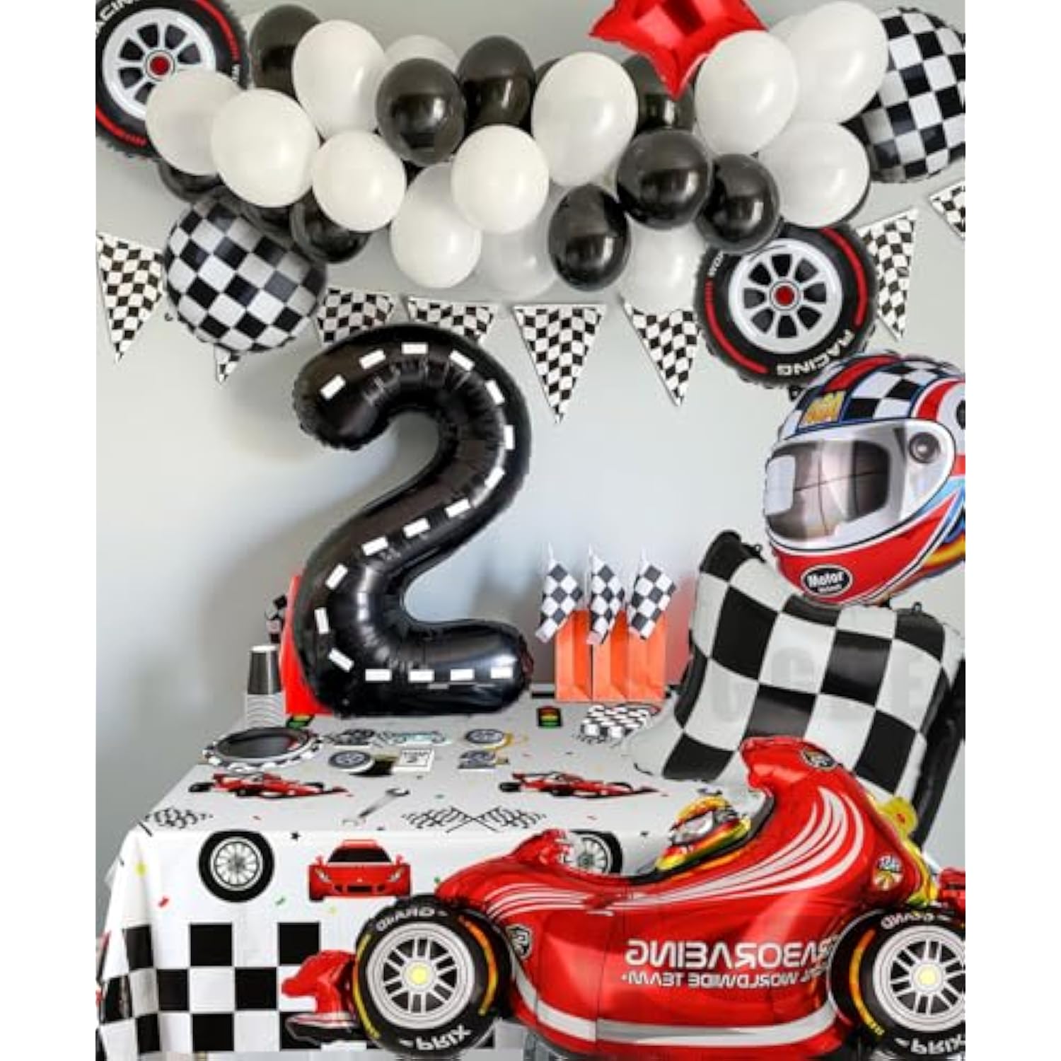 Race Car Balloons Tire Chequered Flag Helmet 10 Pcs Kit Speedy Birthday Party Decor
