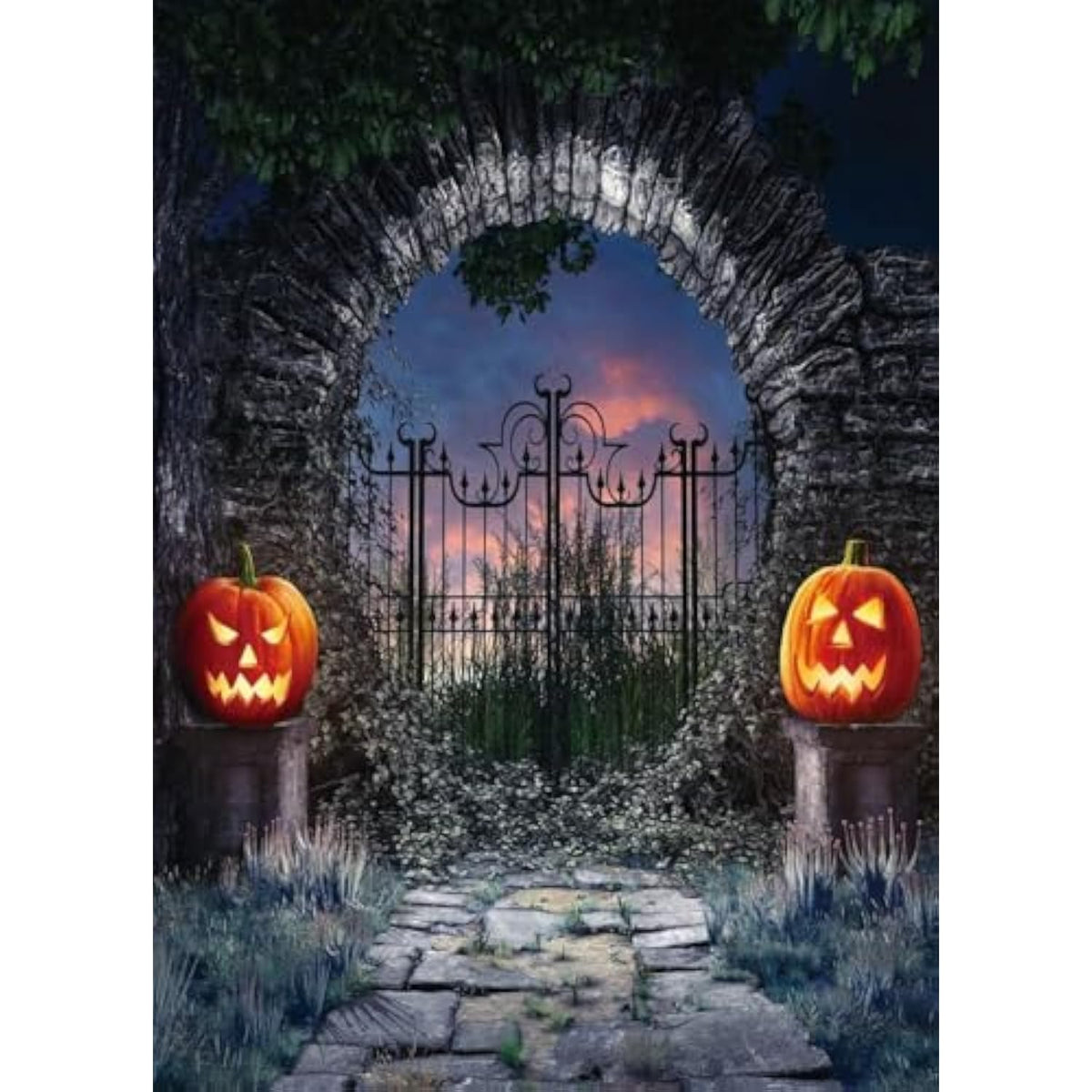 5x7Ft Halloween Gate Backdrop Gothic Arch Jack-O'-Lantern Castle Photo Decor
