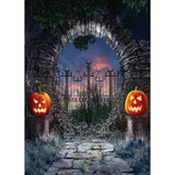 5x7Ft Halloween Gate Backdrop Gothic Arch Jack-O'-Lantern Castle Photo Decor