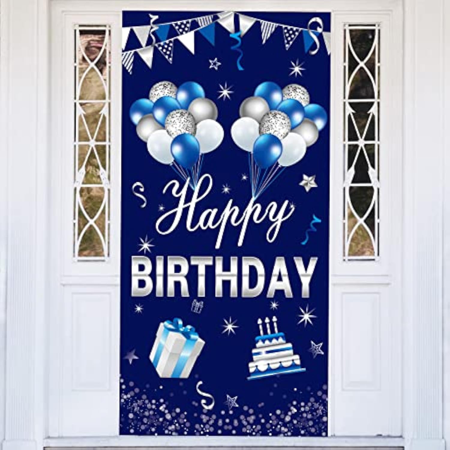 Blue Silver Happy Birthday Door Banner Decorations For Men Boys, Happy Birthday Door Cover Sign Party Supplies, 16Th 21St 30Th 40Th 50Th 60Th Birthday Background Photo Booth