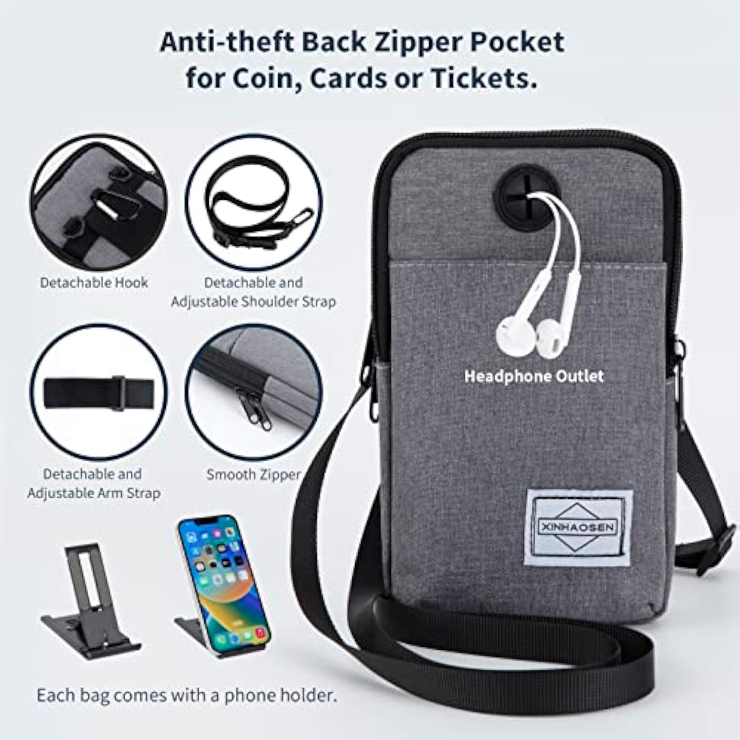Cell Phone Purse Waist Pack Bag Travel Crossbody Bag Wristband Sport Armband Wallet With Removable Shoulder Strap (Black)
