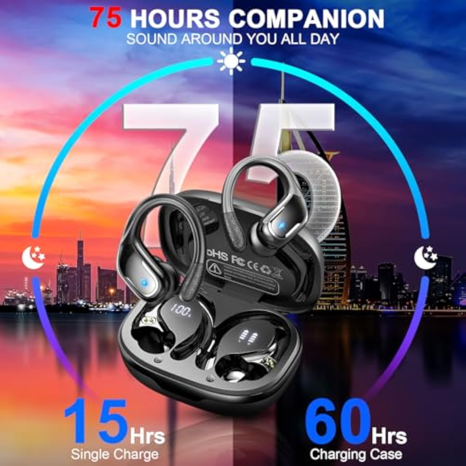 Wireless Earbud, 75Hrs Bluetooth 5.4 Headphones Ip7 Waterproof For Sport, Running Wireless Earphones With Enc Noise Cancelling Mics, Deep Bass Over Ear Bud With Earhooks For Android, Ios, Workout, Gym