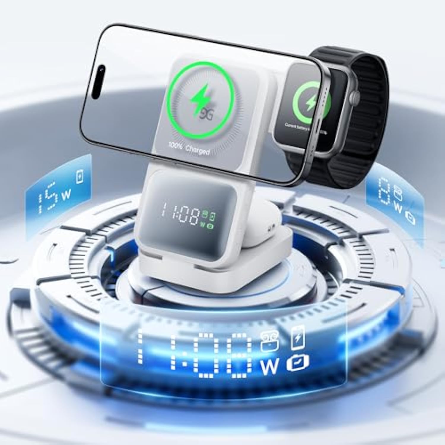 3 In 1 Wireless Charging Station With Real-Time Power And Time Display, Foldable Charging Stand, Compatible With Iphone 17/Air/16/15/14/13/, Apple Watch Series 11/Se3/ Ultra 3, Airpods Pro 3