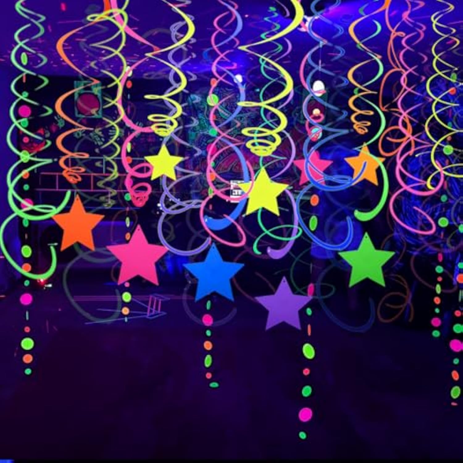 56pcs Neon Hanging Swirls — UV Glow Streamers for Blacklight Party Decor