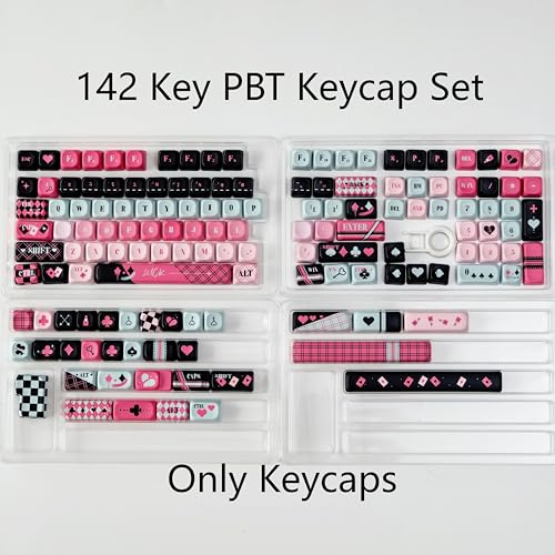 142 Key Pbt Keycaps, Pink Black Dye-Sublimation Customized Cute Keycap, Poker Theme Moa Profile Keycaps Set For Cherry Gateron Mx Switches Mechanical Gaming Keyboards