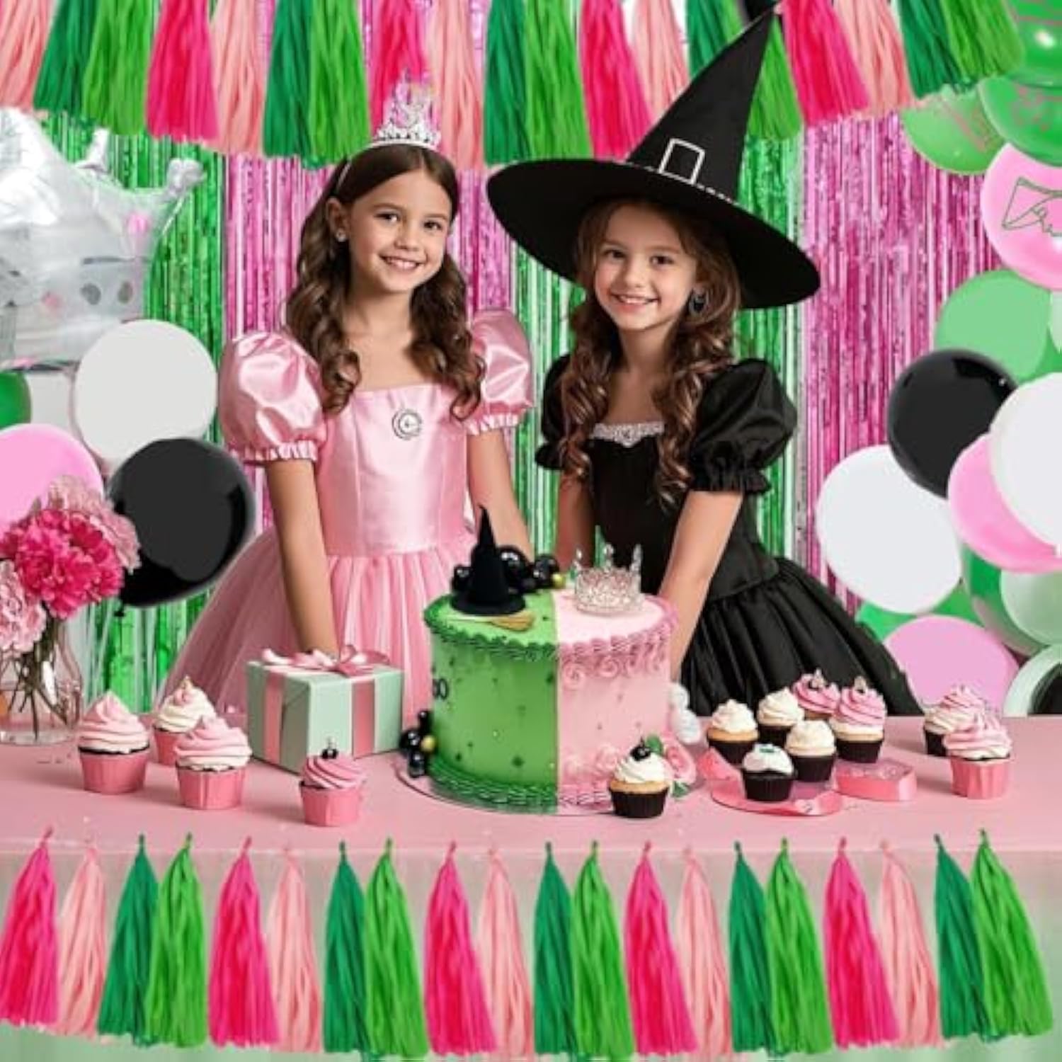 20-pc pink and green tissue tassel garland banner for tropical parties and baby showers