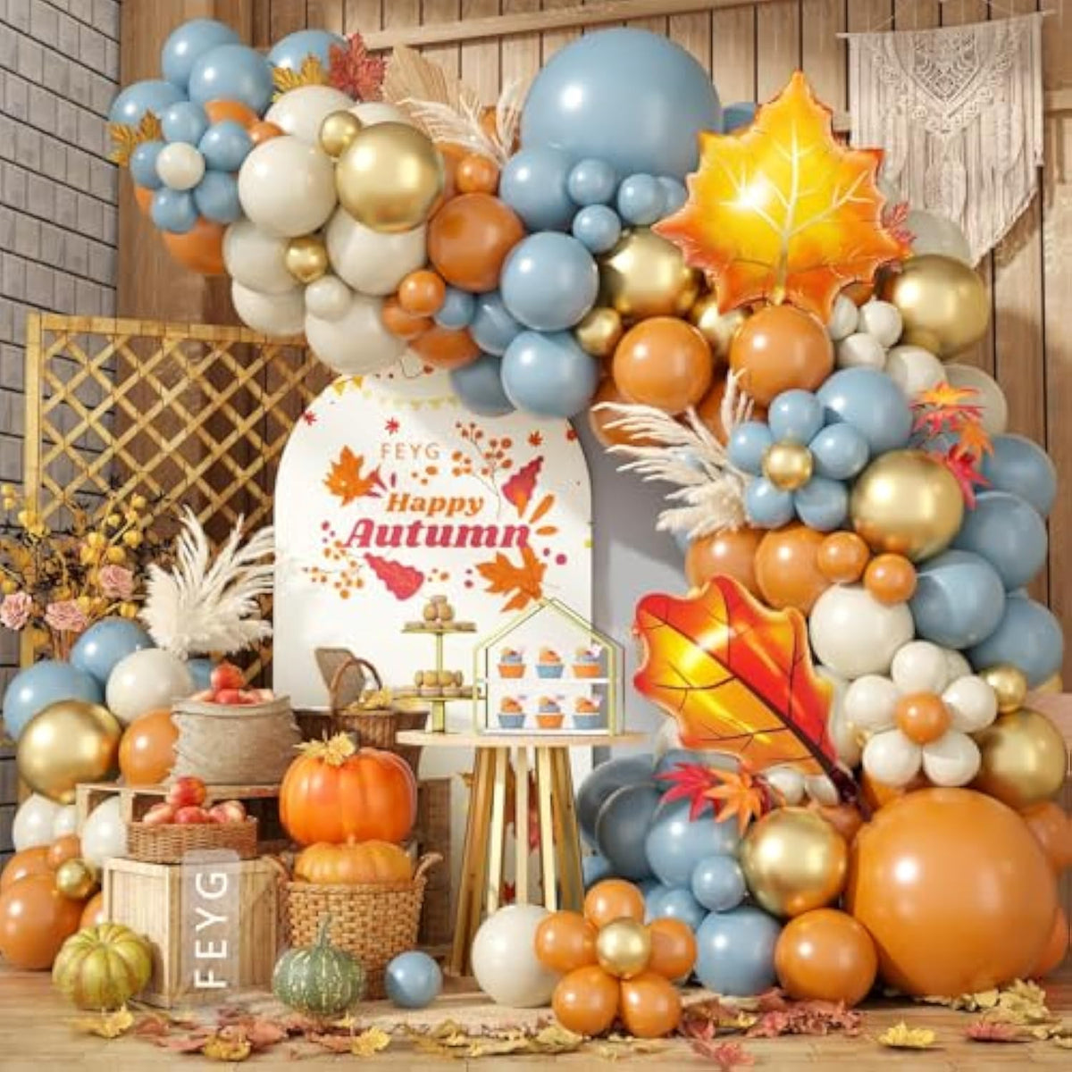 Fall Balloon Garland Kit: Dusty Blue, Orange & Gold, Leaf Balloons