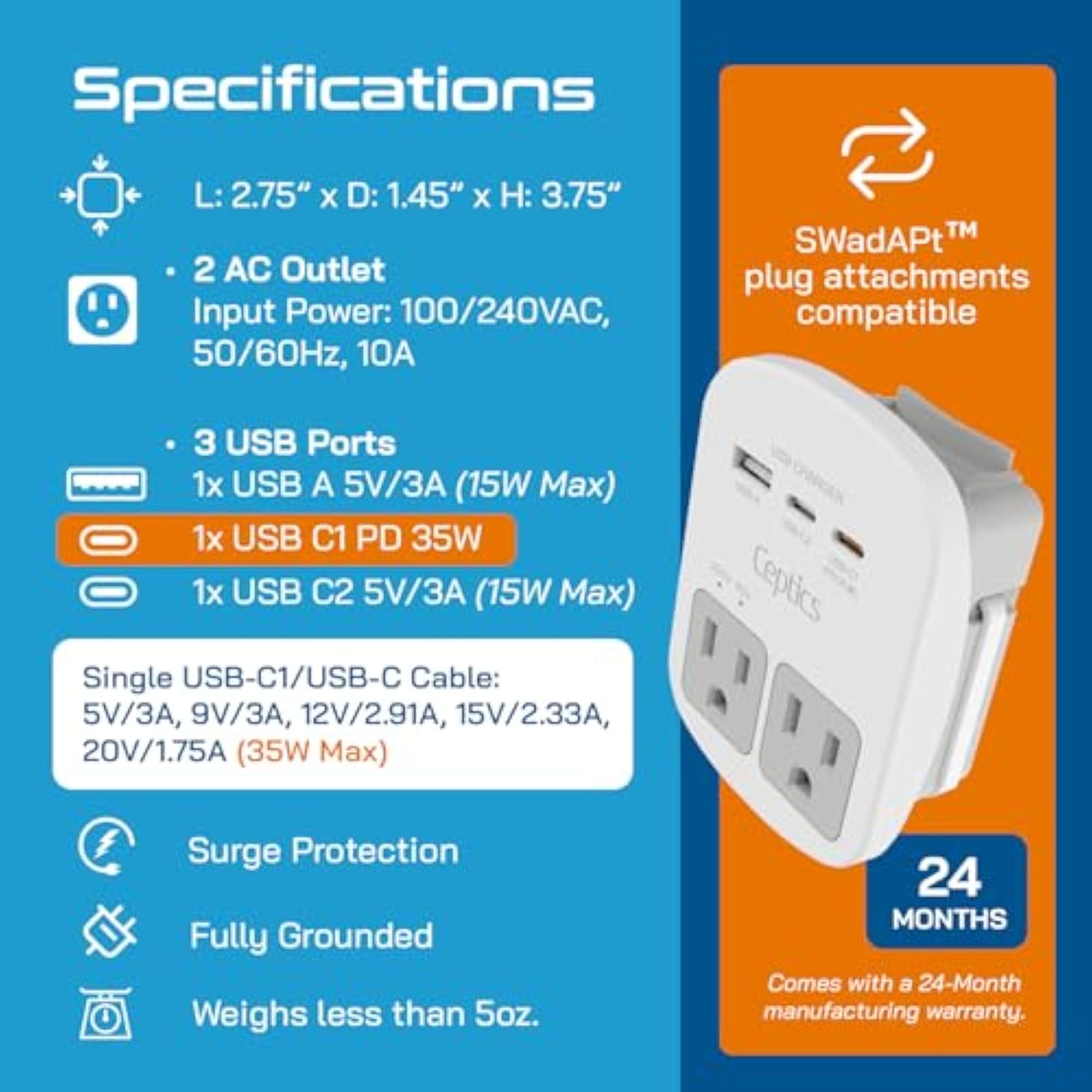 Ceptics Universal Travel Adapter Kit - 2 USB, USB-C Cord+2 US Outlets QC 3.0, Surge Protection, Plugs for Europe, UK, China, Australia, Japan - Perfect for Laptop, Cell Phones, Cameras,Safe ETL Tested