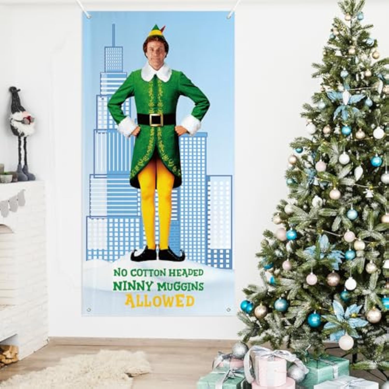 Funny Christmas Door Cover, No Cotton Headed Ninny Muggins Allowed Porch Sign For Outdoor Decorations, Buddy The Elf Photo Booth Background Banner, Elf Christmas Party Decor Supplies, 70.8X35 Inch