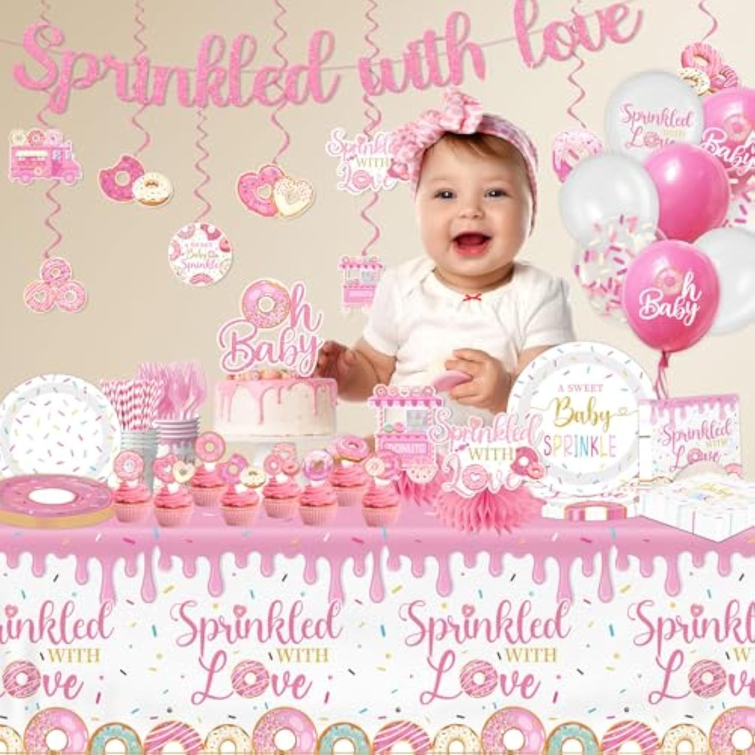 Baby Sprinkle Decorations For Girl, Sprinkled With Love Baby Shower Supplies Donut Plates Napkins Cups Tablecloth Banner Cake Topper, Honeycomb Centerpieces For Pink Donut Baby Shower Decorations