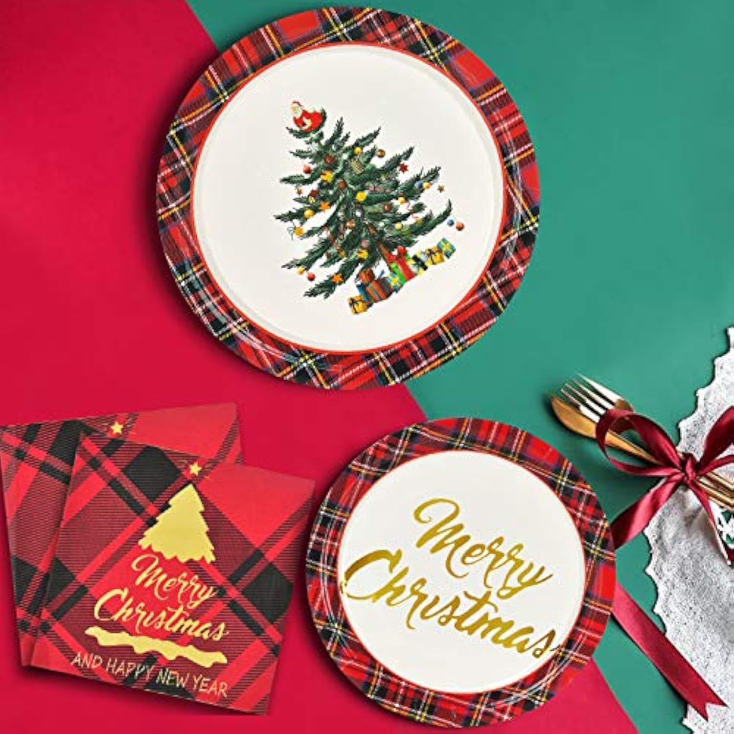 200 Pcs Merry Christmas Dinnerware Set - Christmas Tree Paper Plates, Napkins & Party Supplies For 50 Guests