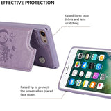 Heart Purple Phone Case with Card Holder and Wallet Function for iPhone SE 2022/SE 2020/7/8, Women's RFID Blocking PU Leather Wrist Strap Case