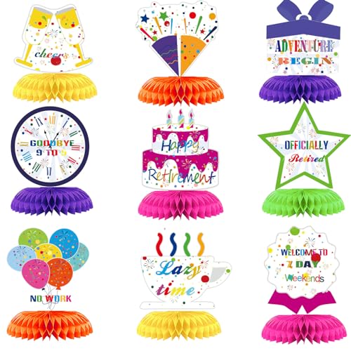 9Pcs Rainbow Happy Retirement Decorations Table Centerpieces Iridescent Colorful Theme Retirement Honeycomb Centerpiece Party Supplies Happy Retired Goodbye Adventure Awaits Table Topper