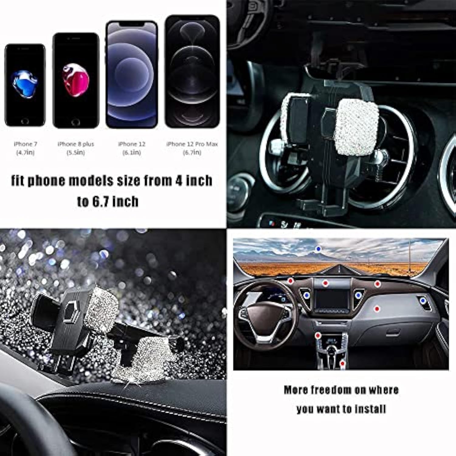 Bling Car Phone Mount Holder,Shiny Crystal Rhinestone Phone Stand For Women And Girls, Car Accessories For Windshield Dashboard,Compatible With Most Cellphones (White)