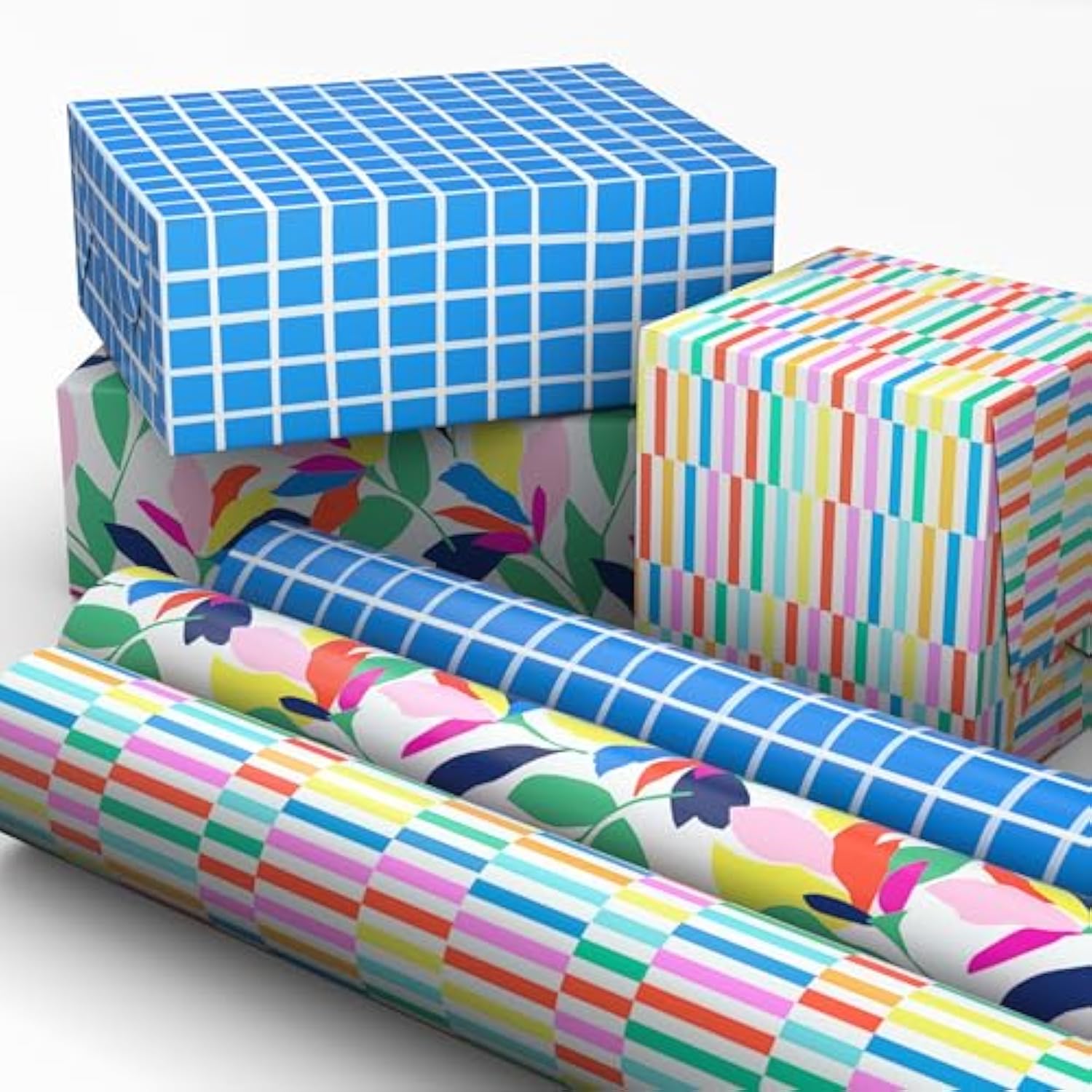 Hallmark Wrapping Paper Mini Rolls, 3-Pack (Blue Plaid, Spring Flowers, Rainbow Stripes) for Birthdays, Baby Showers, Mother's Day, Any Occasion - 45 Sq. Ft. Total
