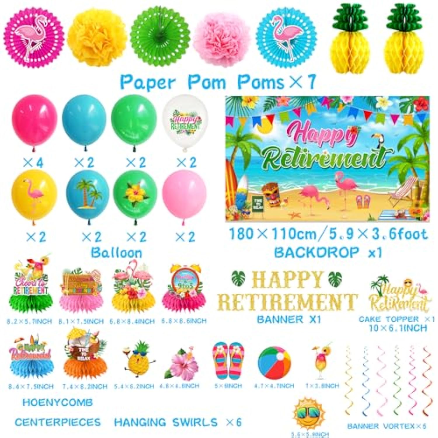 Beach Retirement Party Decorations, Aloha Party Decorations Includes Happy Retirement Banner Hawaiian Backdrop And Hanging Swirls Honeycomb Centerpieces, For Aloha Decor