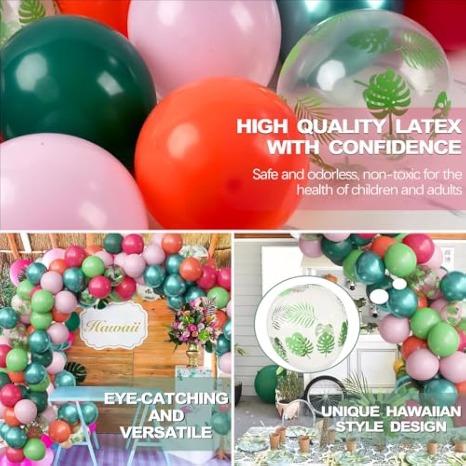 Hawaiian Luau Party Decorations, Tropical Party Balloons, 68Pcs Pink Green Rose Gold Palm Leaves Balloons For Summer Aloha Moana Flamingo Birthday Baby Shower Party Supplies, 12 Inch