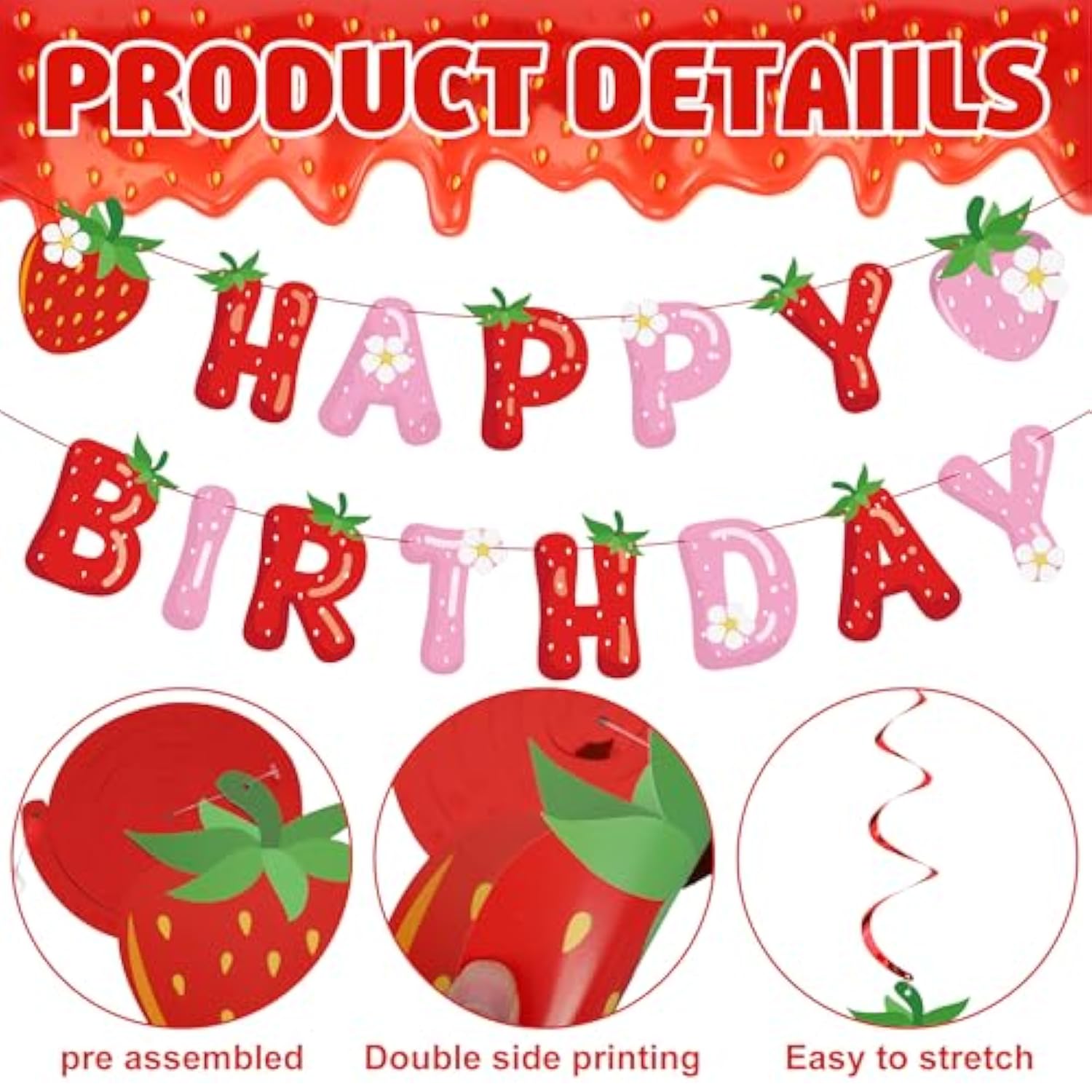 50 Pcs Strawberry Happy Birthday Party Decorations Strawberry Theme Birthday Banner Hanging Swirls Set For Girls Birthdays Party Supplies