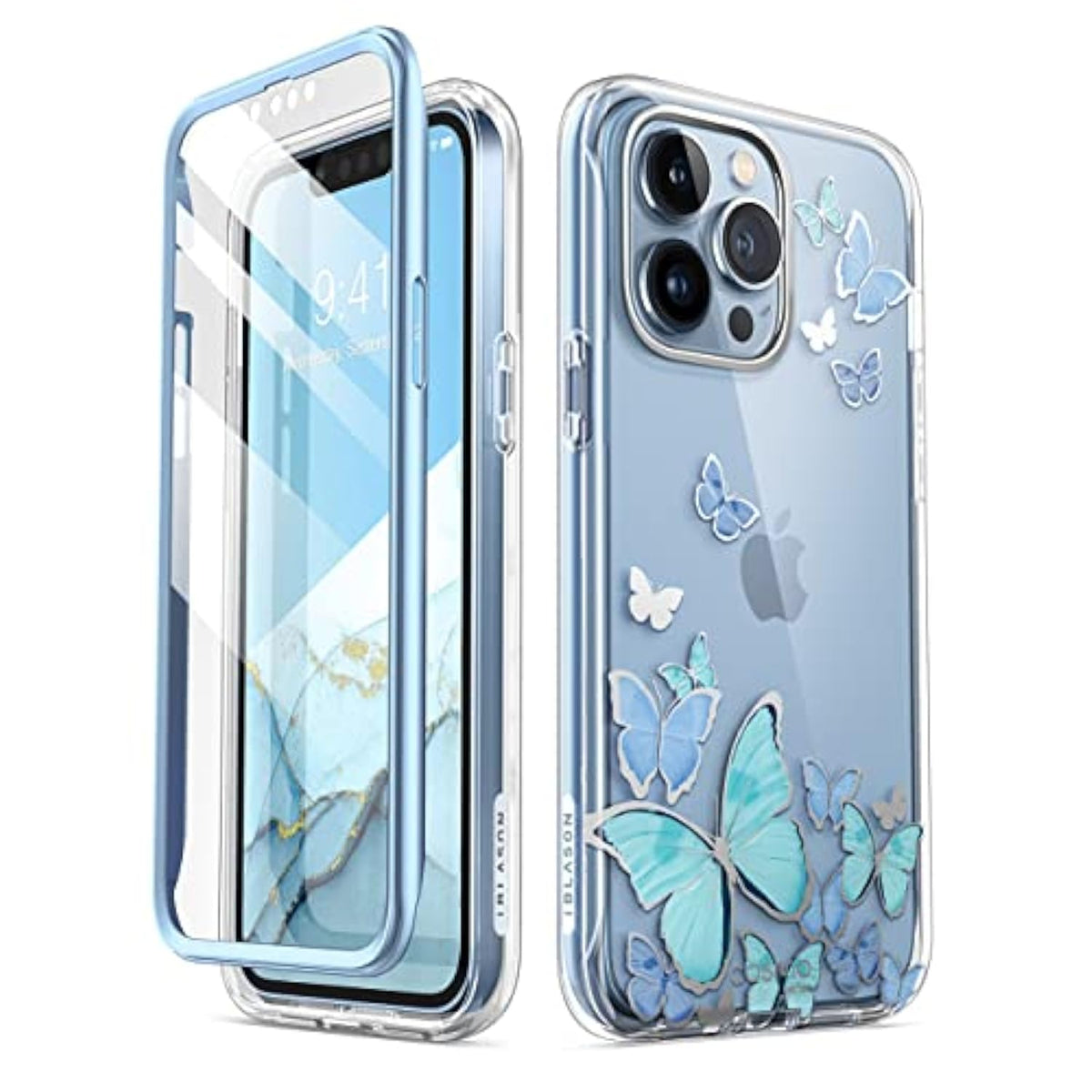 i-Blason Cosmo for iPhone 13 Pro Max Case [Built-in Screen Protector] [Military-Grade Protection] Slim Full-Body Stylish Protective Shockproof Phone Case for iPhone 13 Pro Max (Blue Butterfly)