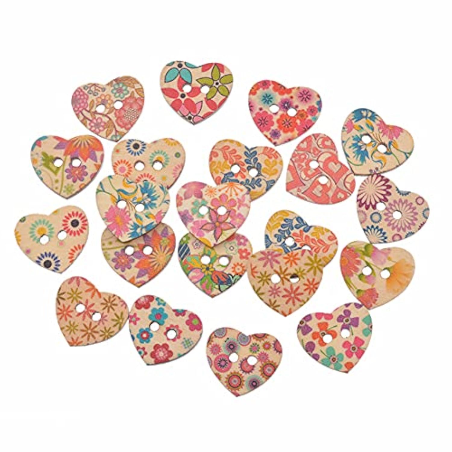 50 Pack 25Mm 2-Hole Mixed Flower Pattern Printed Wooden Peach Heart Sh
