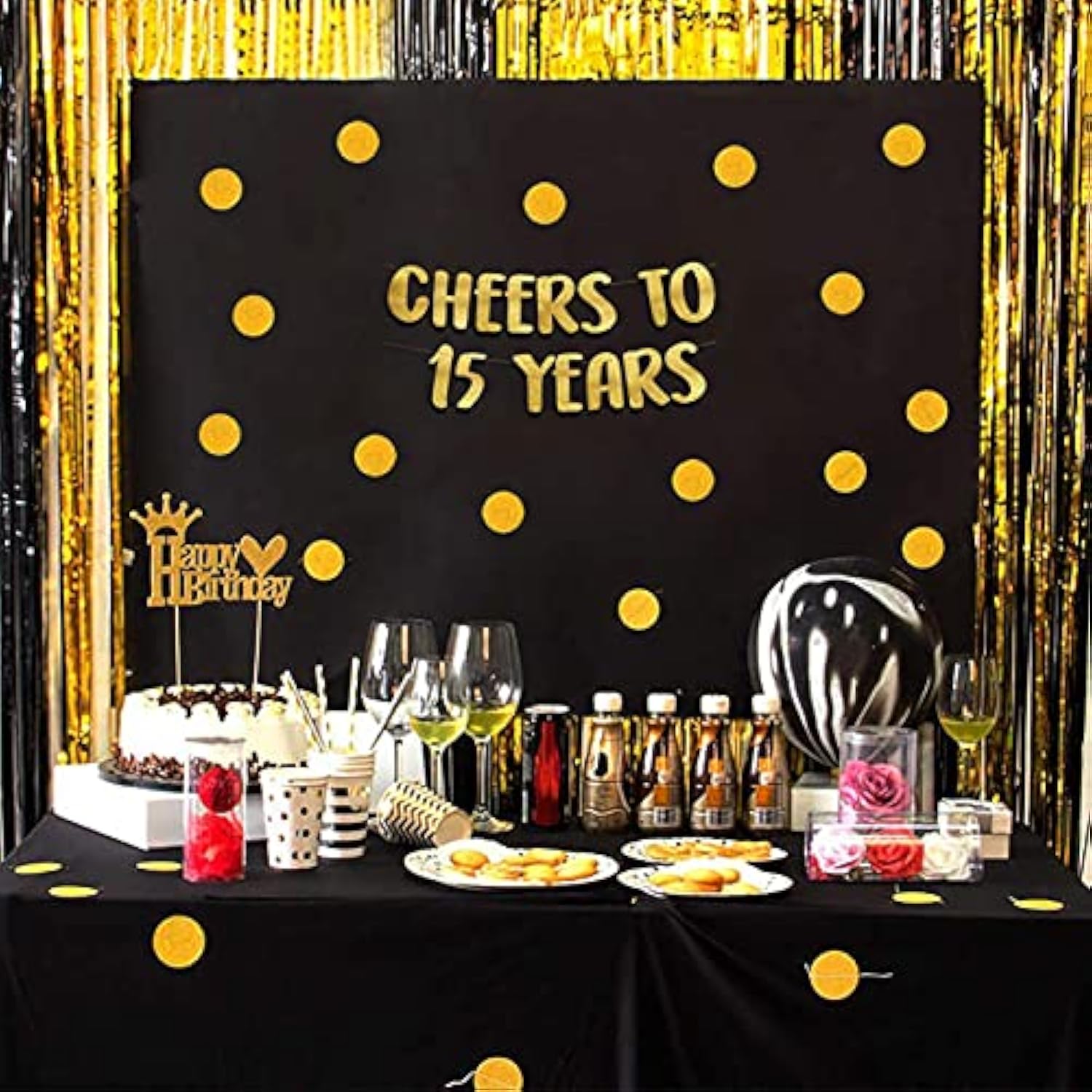 Cheers To 15 Years Gold Glitter Banner - 15Th Anniversary And Birthday Party Decorations