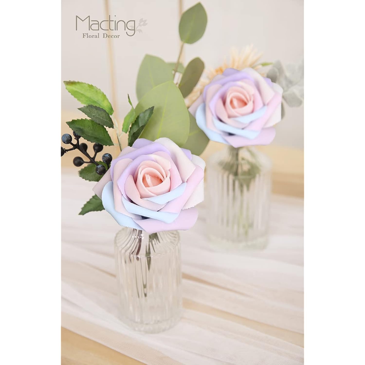 60Pcs Artificial Rose Flowers Real Touch Fake Flowers With Stem Foam Roses For Diy Wedding Bouquets Baby Shower Table Centerpieces Party Holiday Home Spring Valentines Day Decor(Light Rainbow)